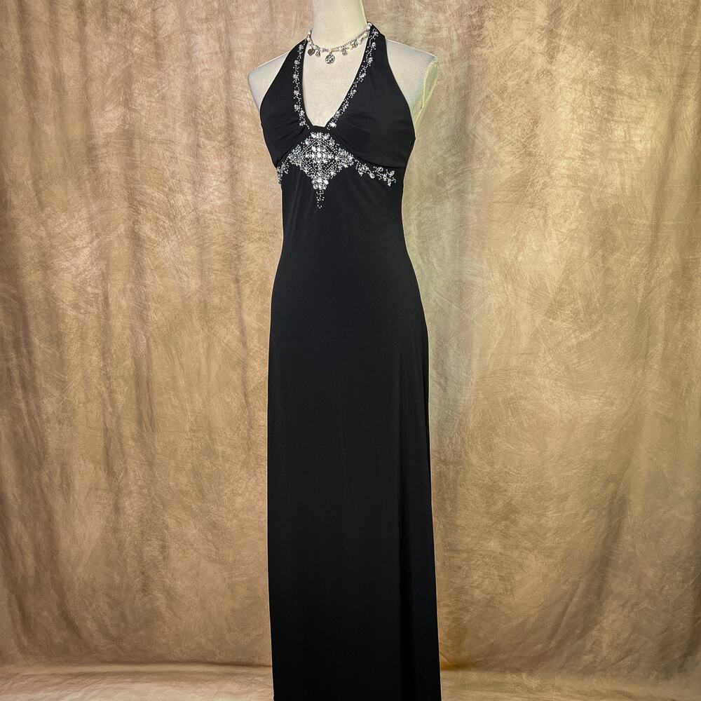 Vintage Y2K Halter Ball Gown Formal Dress Black Beaded Rhinestone Masquerade